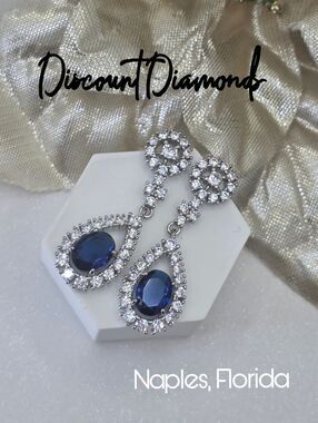Dark Blue Sapphire & White Baguette Diamond Earrings 925 Sterling Silver Women's